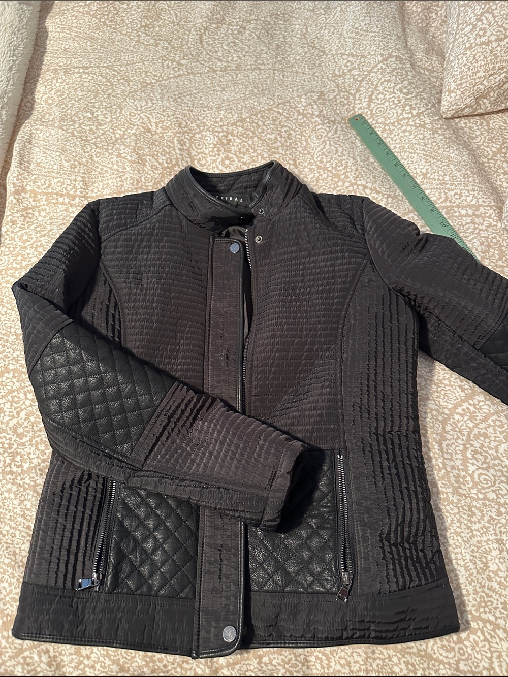 Tribal Black Quilted-Sleeve Moto Jacket